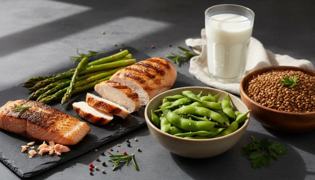 A high-fidelity photorealistic image of a diverse selection of high-protein foods including grilled salmon, chicken breast, a bowl of edamame, lentils, and a glass of milk, arranged artistically on a slate countertop with natural morning sunlight hitting the textures of the food.