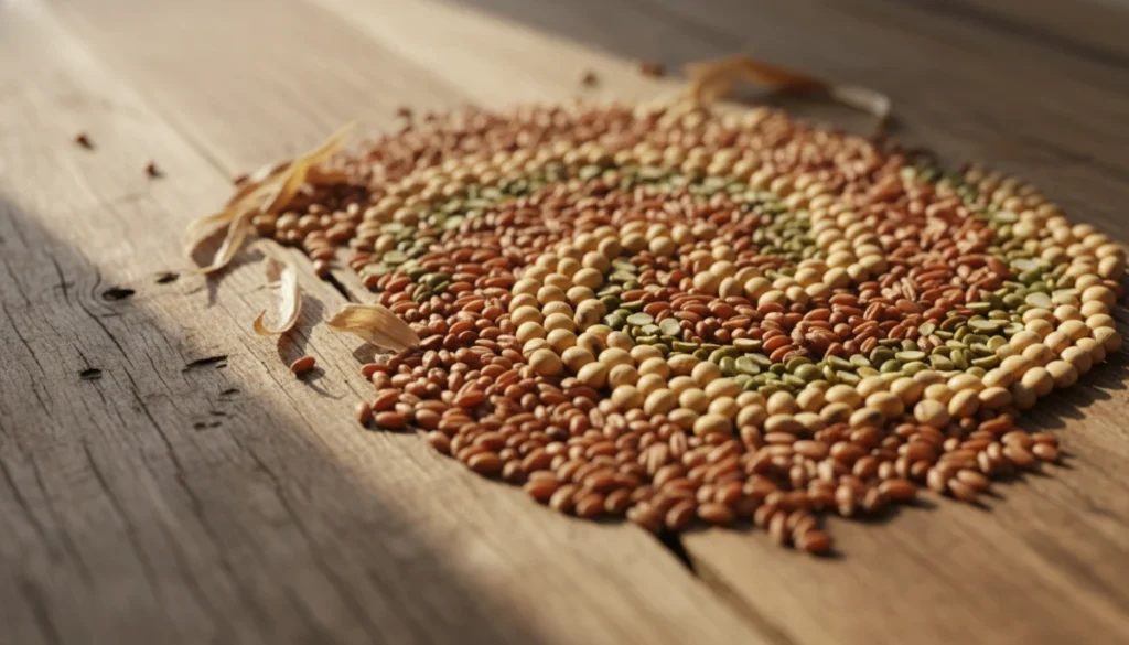 A photorealistic, high-fidelity close-up of various raw seeds, legumes, and grains including soybeans, lentils, and wheat berries arranged artistically on a rustic wooden table with soft morning sunlight.
