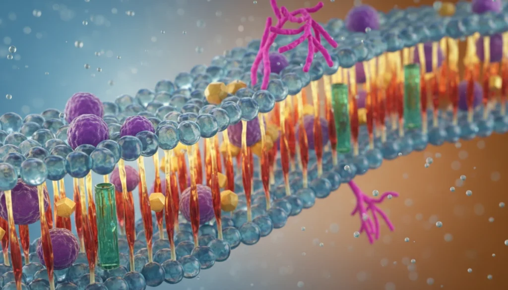 A high-fidelity microscopic 3D visualization of lipid molecules and cell membrane structure, showing the phospholipid bilayer with vibrant colors and professional scientific aesthetic.