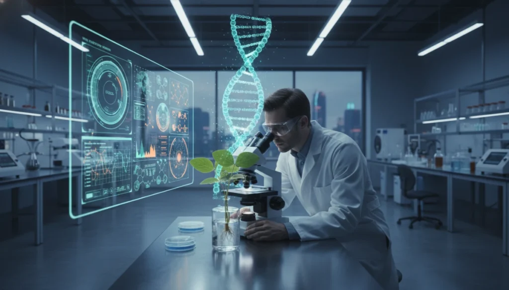 A high-tech laboratory setting with a scientist examining a soybean plant under a microscope, featuring glowing DNA double-helix overlays and holographic data charts in a clean, modern aesthetic.