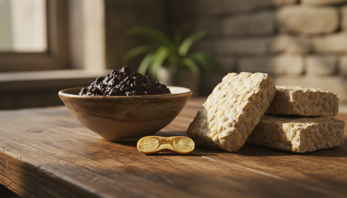 Visual comparison of raw soybeans and fermented soy products