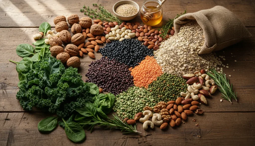 A flat lay of diverse traditional whole foods including legumes, dark leafy greens, whole grains, and nuts on a rustic wooden table with natural soft lighting, high-fidelity texture.