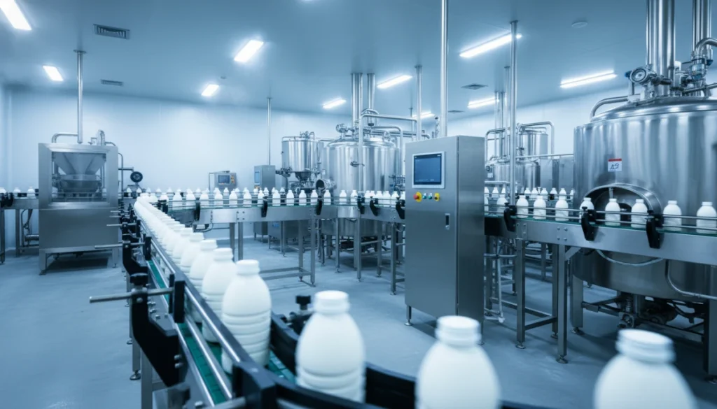 A wide-angle, photorealistic shot of a modern, clinical soy milk manufacturing facility with stainless steel extraction tanks and automated conveyor systems, bright lighting, high-tech industrial aesthetic.