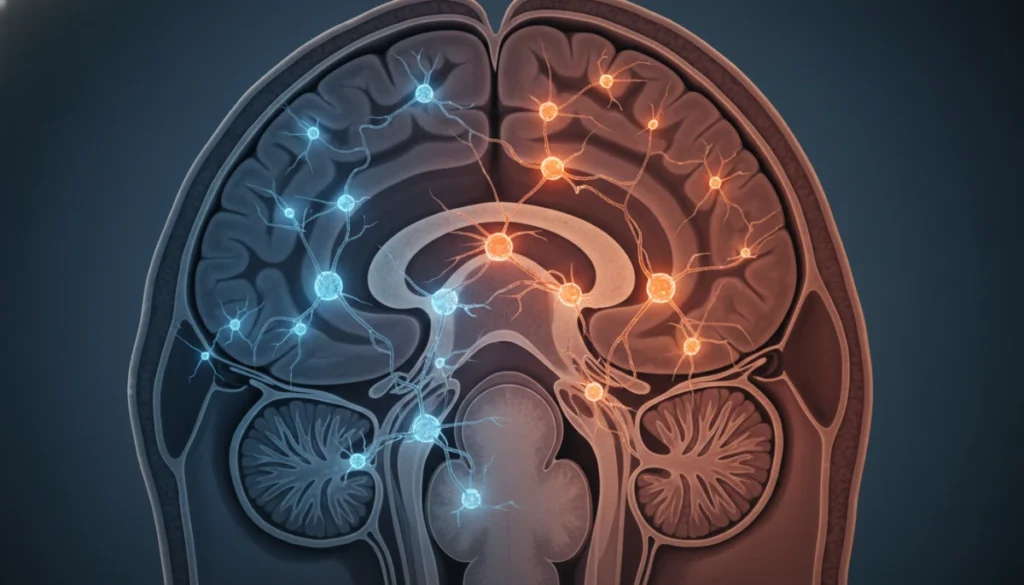A high-resolution, photorealistic medical illustration showing the cross-section of the human hypothalamus with neurons glowing to represent thermoregulatory activity during a hot flash. Subtle, soft blue and warm orange lighting to symbolize temperature shifts.