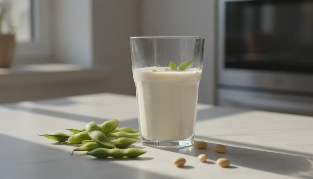 A high-end, photorealistic macro shot of organic edamame pods and a glass of fresh soy milk on a minimalist marble kitchen counter, soft morning light, 8k resolution, cinematic composition.
