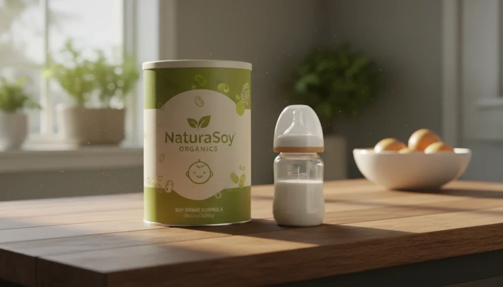 A high-end, photorealistic close-up of a modern, eco-friendly soy infant formula canister sitting on a minimalist wooden kitchen counter, softly lit by morning sunlight, with a glass bottle nearby.
