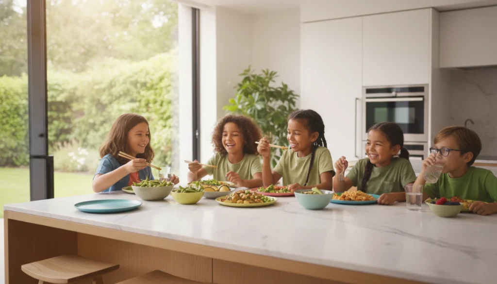 A high-fidelity photorealistic image of a diverse group of healthy children eating a balanced meal including edamame and tofu, in a bright modern kitchen, focusing on vitality and natural light.