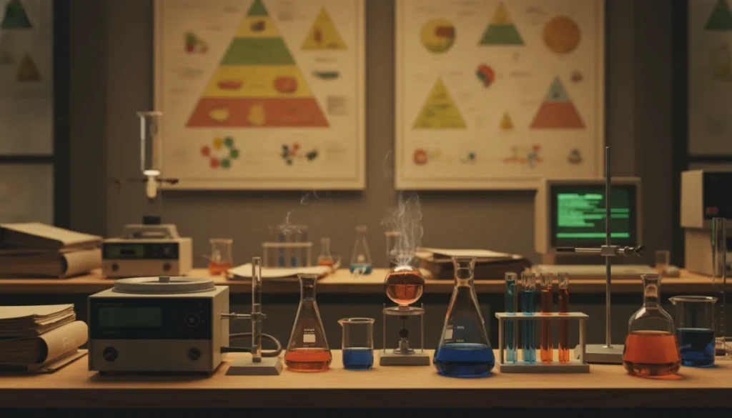 A high-fidelity, photorealistic image of a vintage 1990s laboratory setting with scientific equipment, glass beakers, and a blurred background of nutritional charts, symbolizing the peak of nutritional research in the late 20th century.