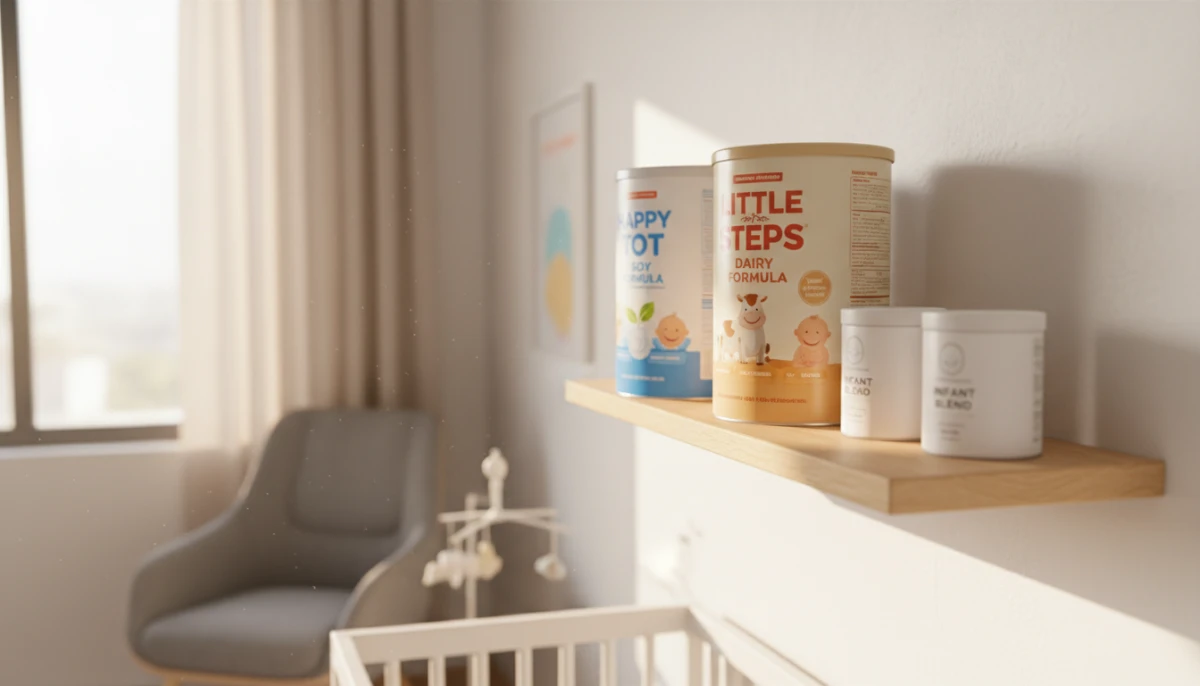 Infant formula containers on a nursery shelf