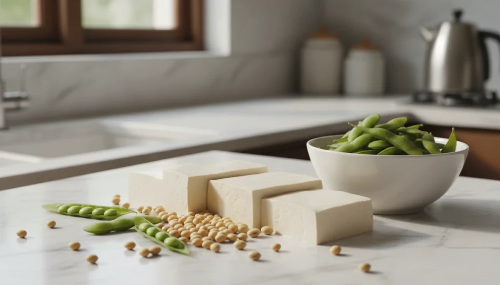 A high-resolution, photorealistic image of organic soybeans, blocks of fresh silk tofu, and a bowl of steamed edamame on a minimalist marble kitchen counter, bright natural lighting.