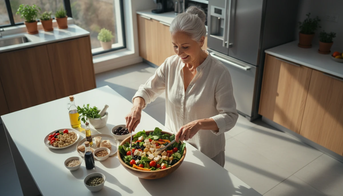 Healthy senior woman incorporating soy into her diet