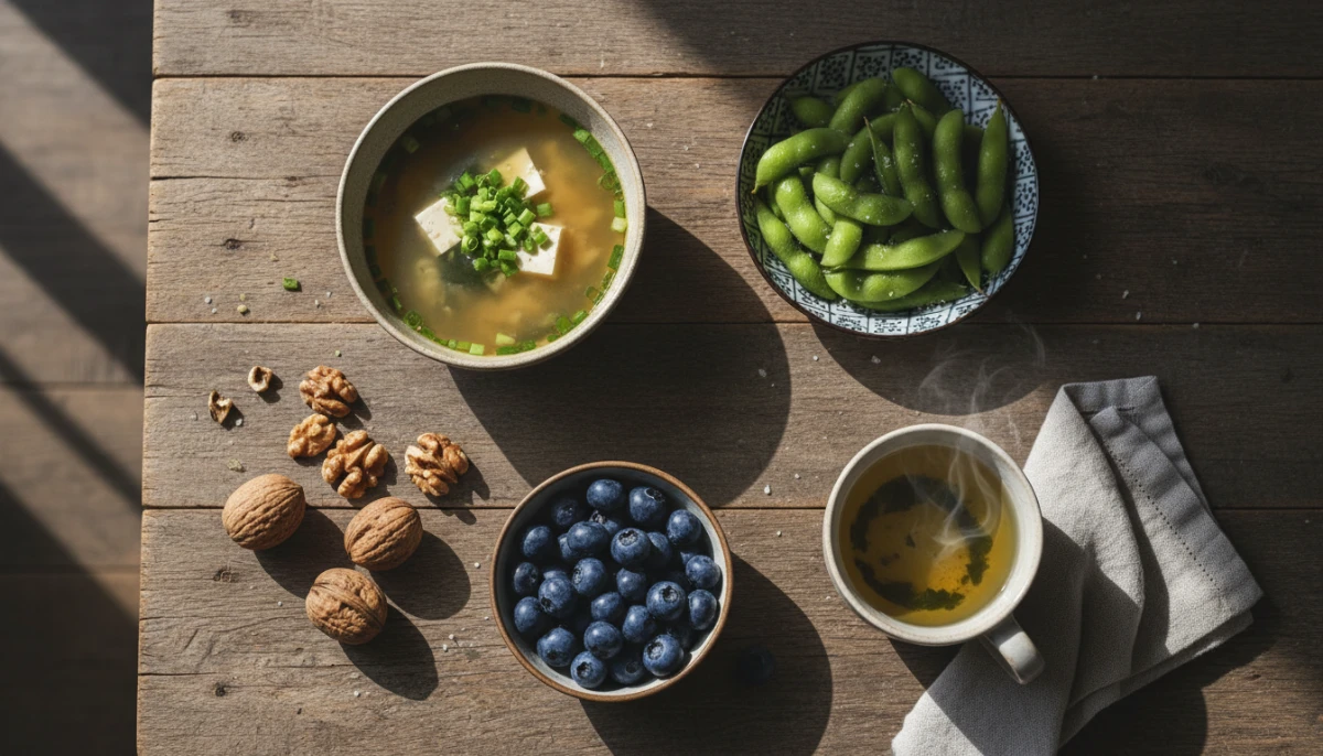 Healthy brain-boosting foods including soy