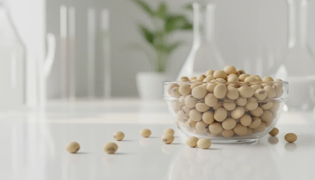 Macro high-fidelity shot of organic soy beans in a glass bowl on a clean, white laboratory surface, soft natural lighting, depth of field, 8k resolution.