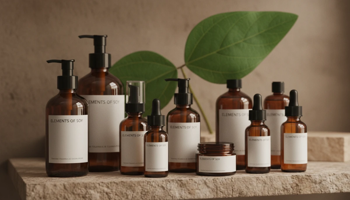 Premium soy-based skincare products in a luxury setting.