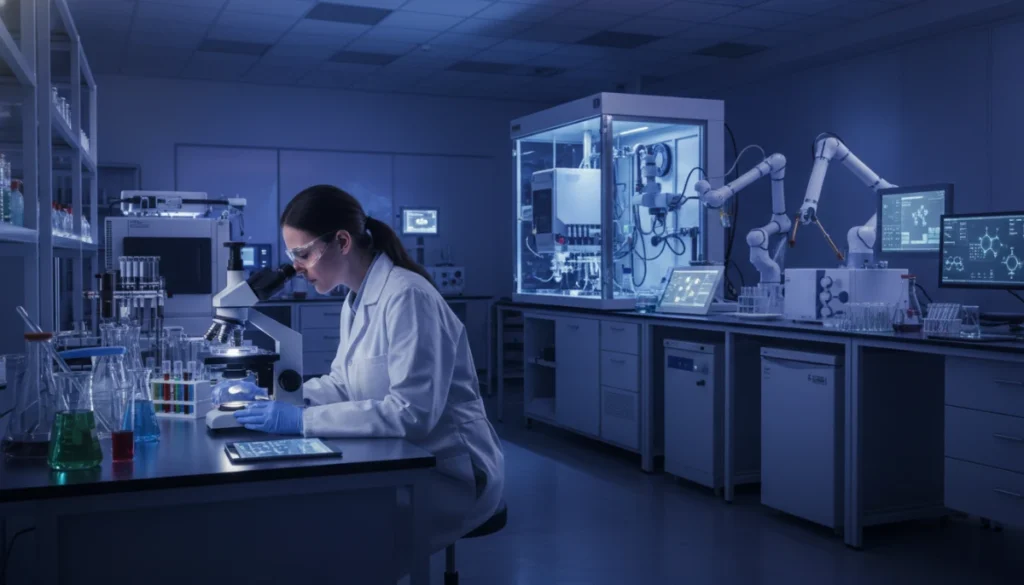 A high-fidelity, photorealistic image of a modern laboratory setting with a scientist examining a Petri dish under a microscope, surrounded by high-tech equipment, symbolizing scientific rigor and investigation, cool cinematic lighting.