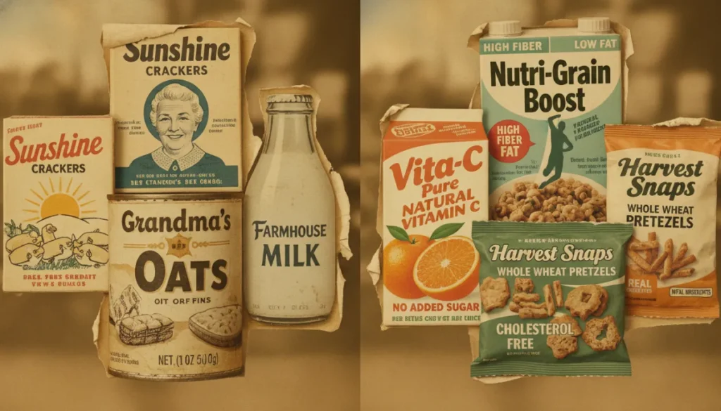 A vintage collage of historical food packaging from the 1950s and 1980s, showcasing the transition from simple labels to the first health-related marketing claims, in a cinematic documentary style.