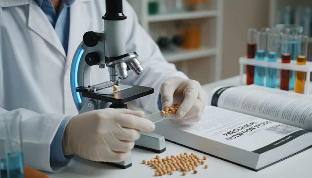 A highly detailed, photorealistic laboratory setting showing a close-up of a scientist in a white coat handling organic soybeans next to a high-tech microscope and a research journal titled Preclinical Nutrition Studies, soft bokeh background.