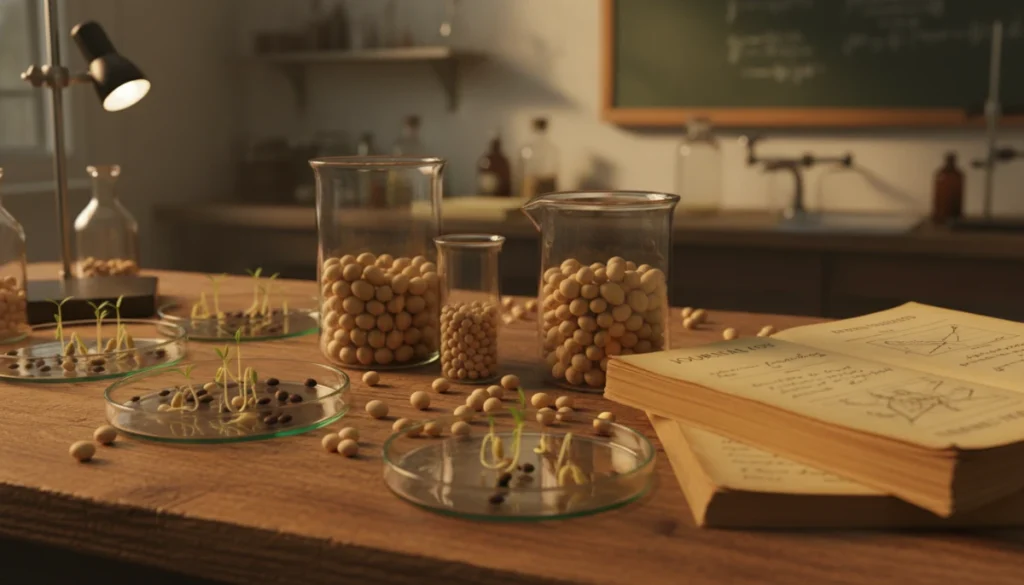 A high-fidelity photo of a 1990s scientific laboratory with glass beakers containing soybeans and petri dishes, warm lighting, macro shot of soy seeds on a wooden table alongside vintage medical journals.