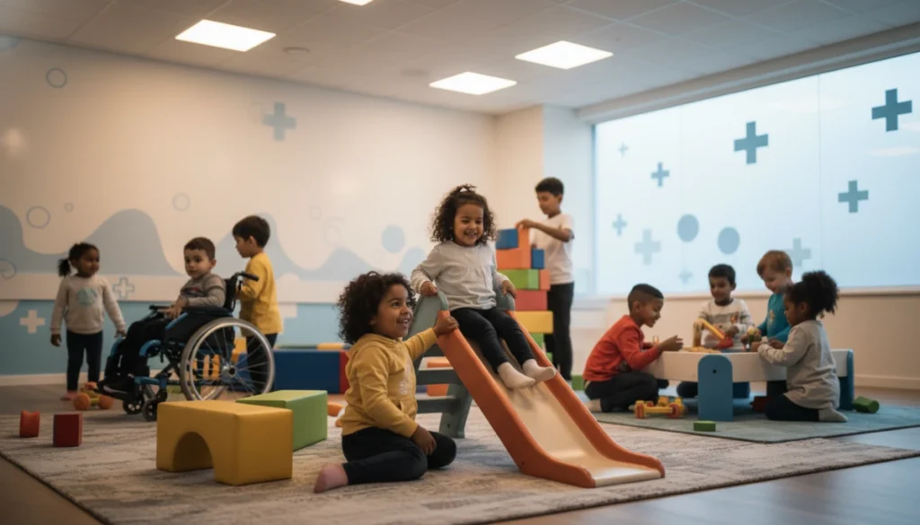[A high-fidelity photo of a diverse group of children playing safely in a clean indoor environment, soft lighting, professional medical blog style]