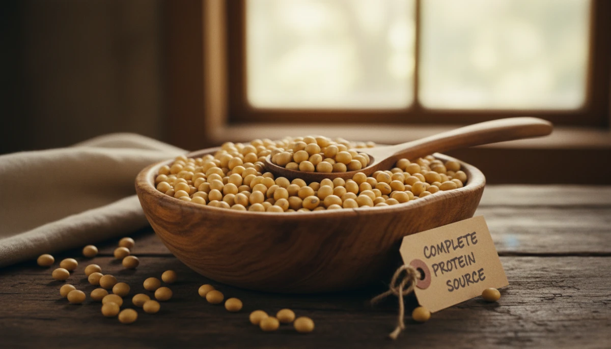 Soybeans in a wooden bowl representing a complete protein source