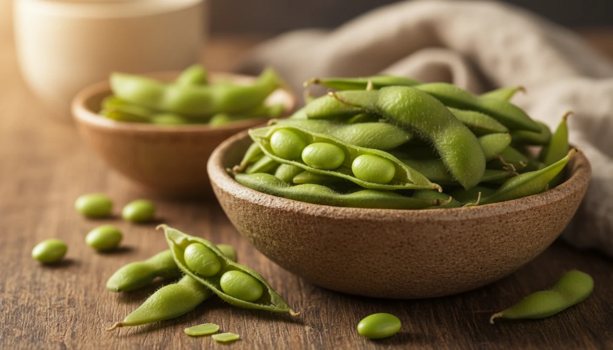Close up of edamame showing whole soy protein source