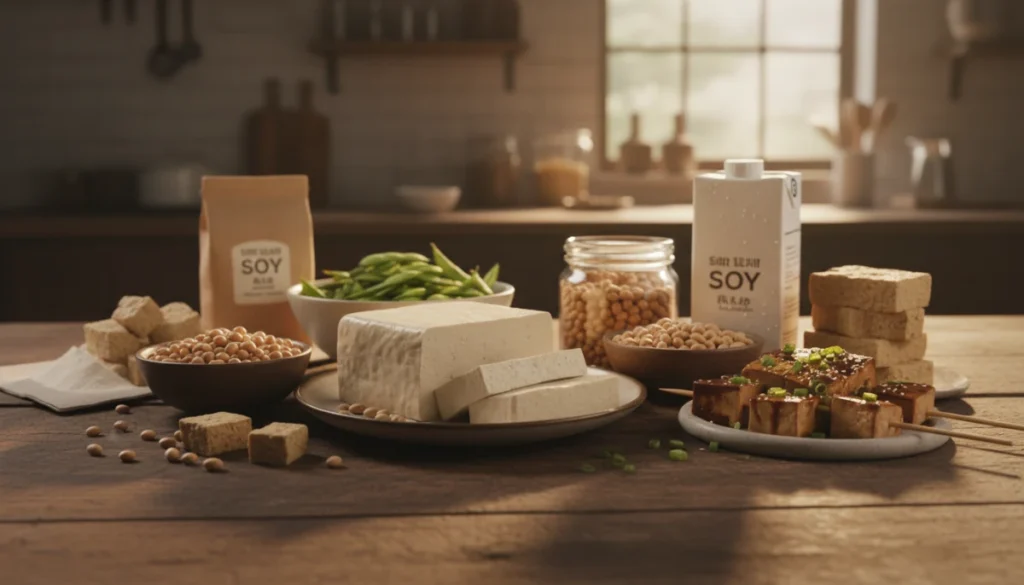 Various soy products including tofu and soybeans