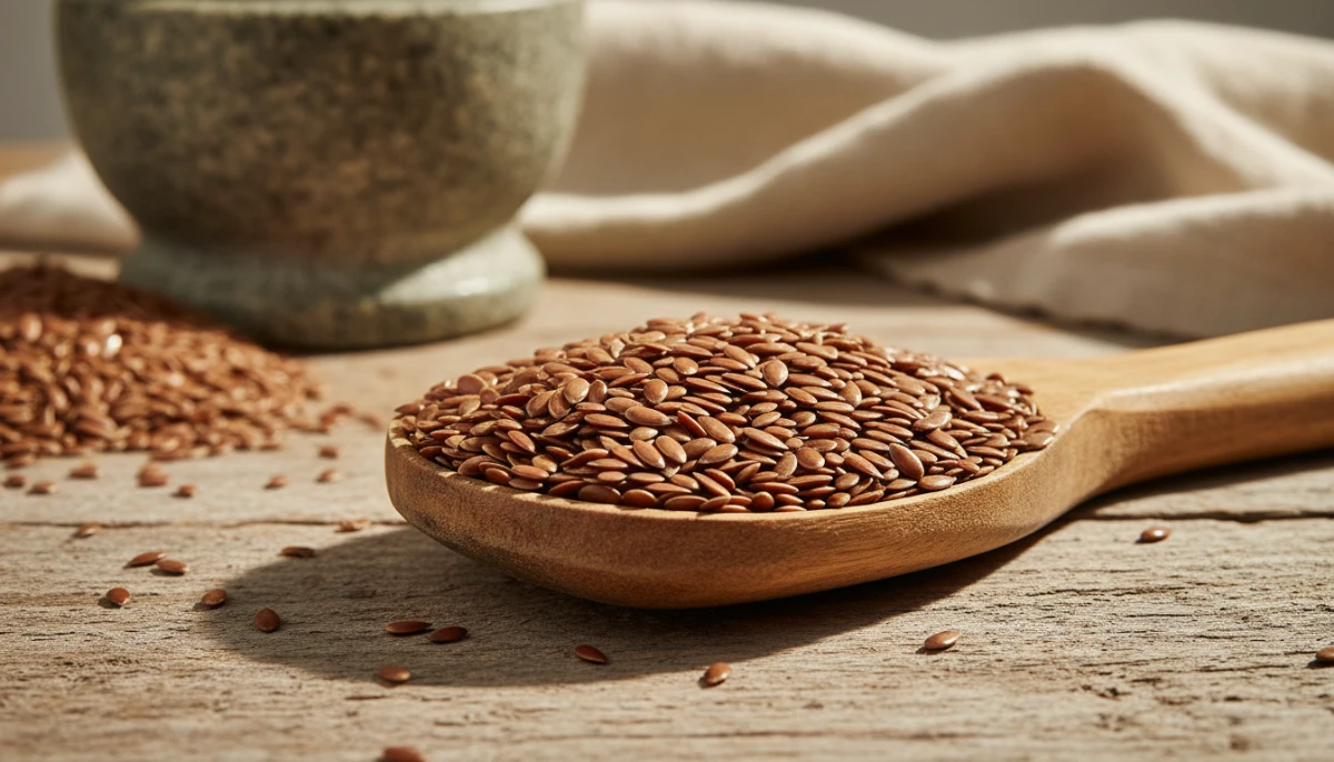 Flaxseeds in a wooden spoon
