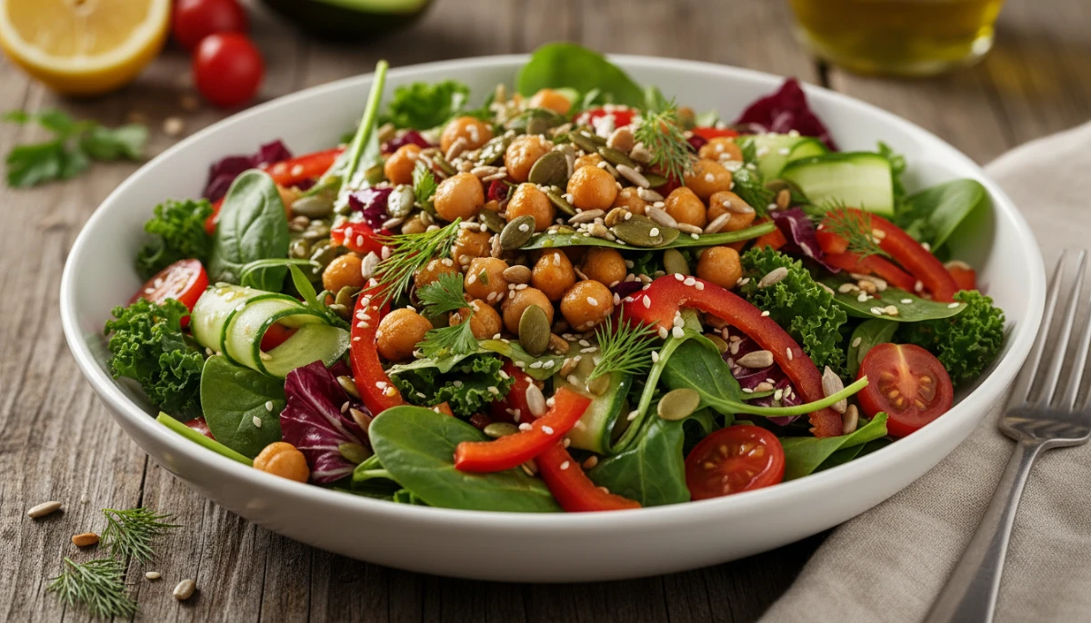 Healthy salad with chickpeas and seeds