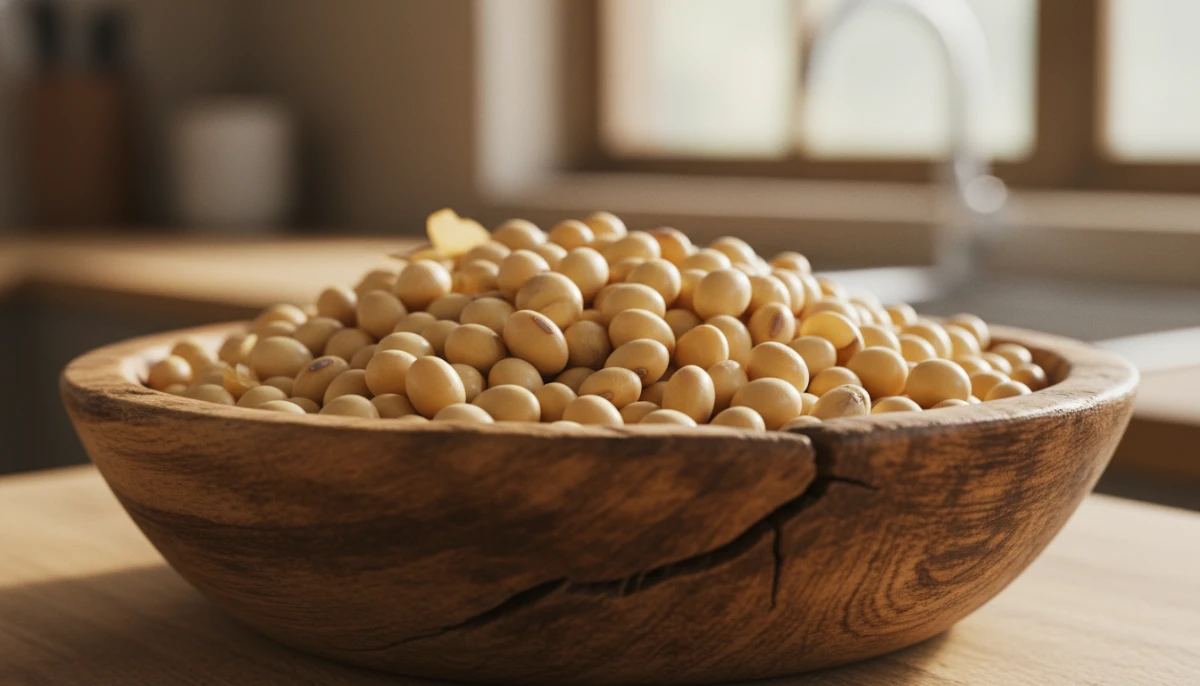 Close up of organic soybeans in a wooden bowl