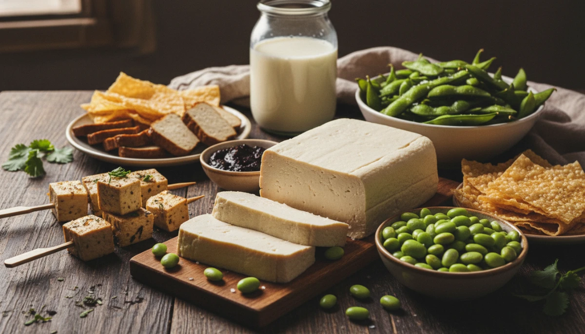 Assortment of soy-based foods including tofu and edamame