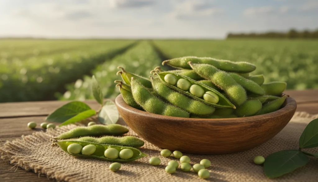 Fresh green organic soybeans in pods