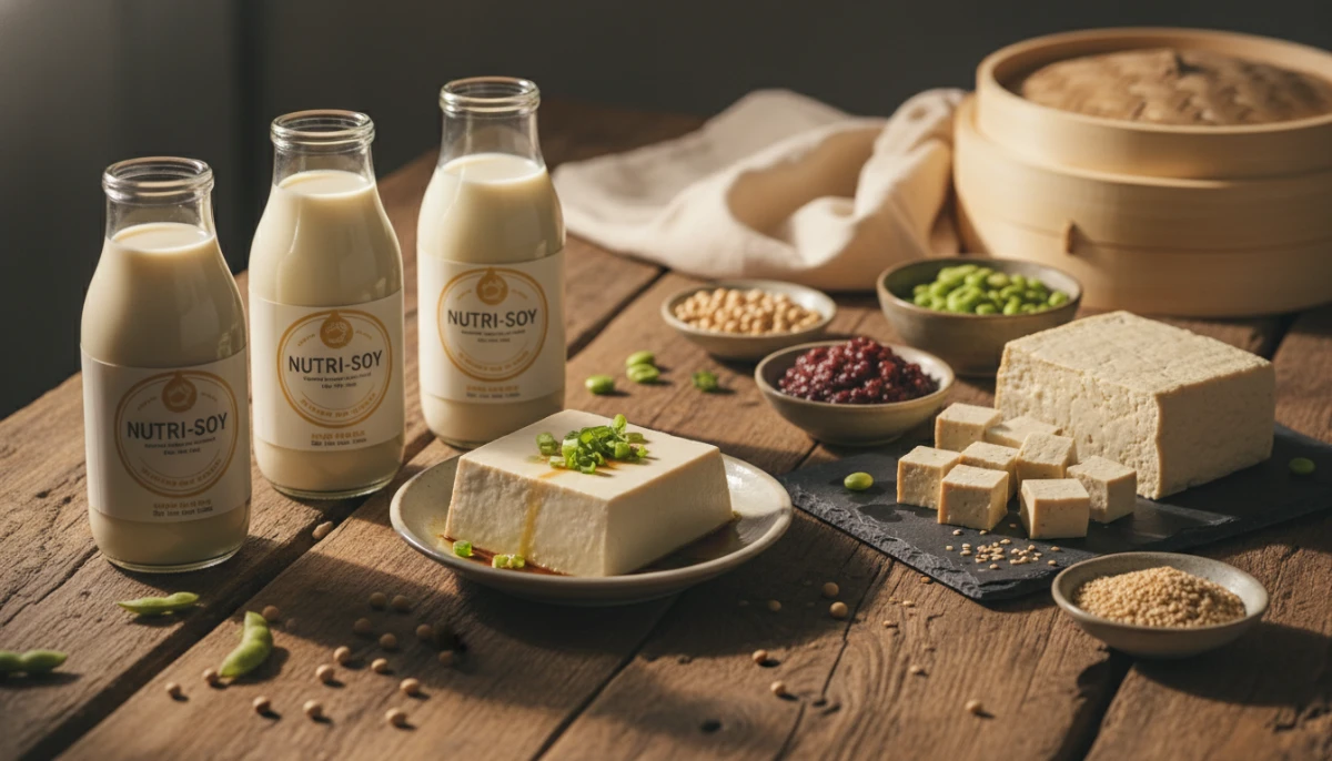 Soy milk and tofu products on a wooden table
