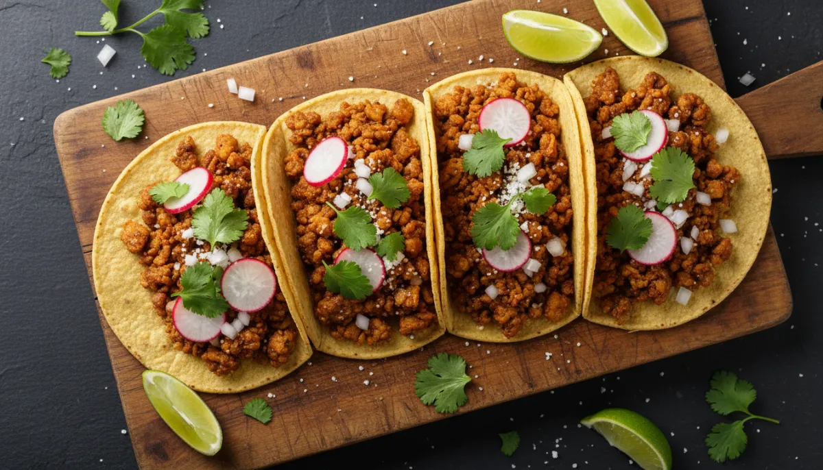 Finished TVP tacos on a wooden board