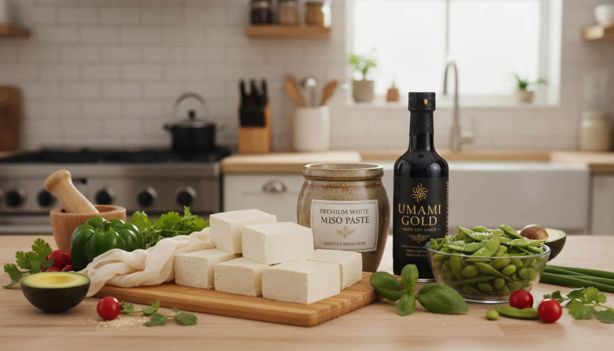 An assortment of soy-based ingredients on a modern kitchen counter