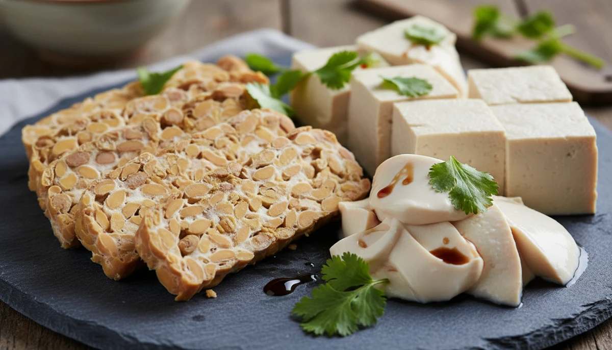 Close-up view of the textures of tofu and tempeh