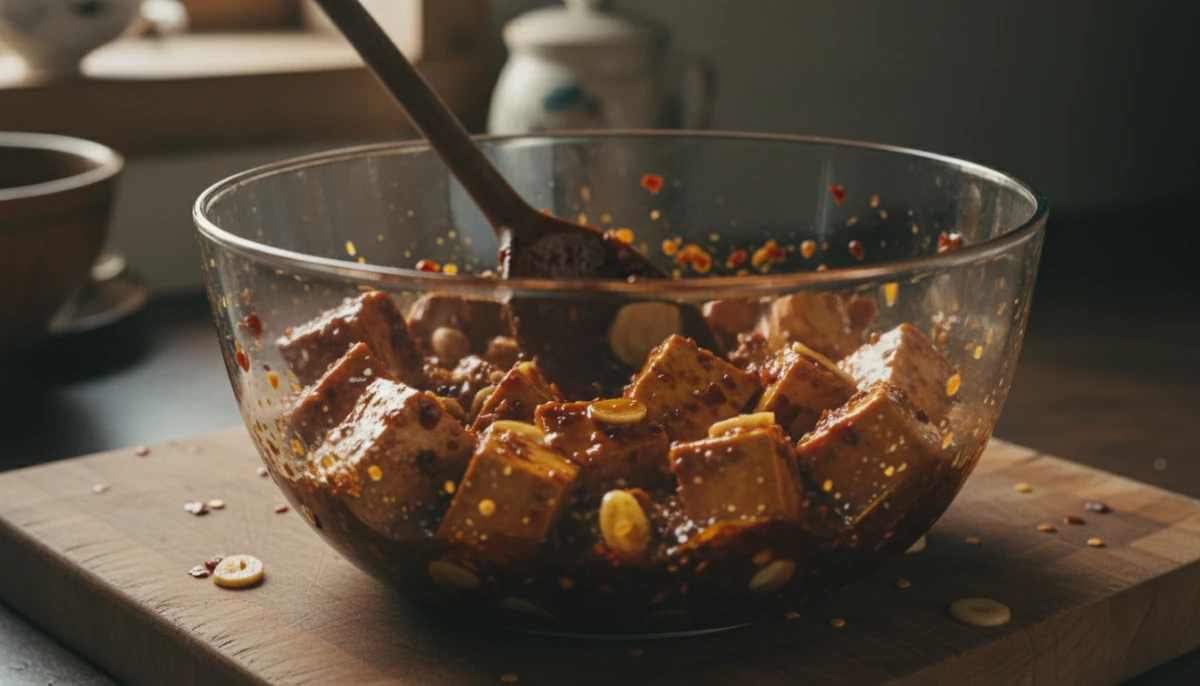 Cubes of tofu marinating in a savory sauce
