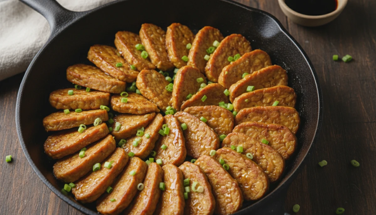 Crispy pan-fried tempeh in a cast iron skillet