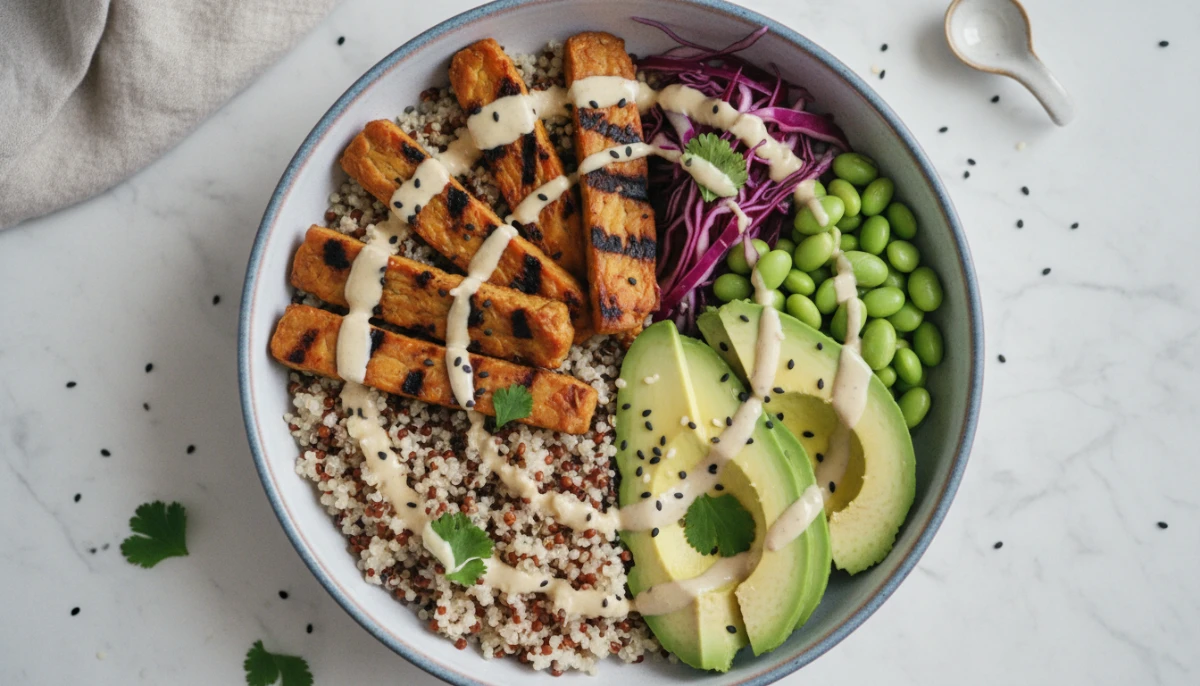 Healthy Buddha bowl with grilled tempeh