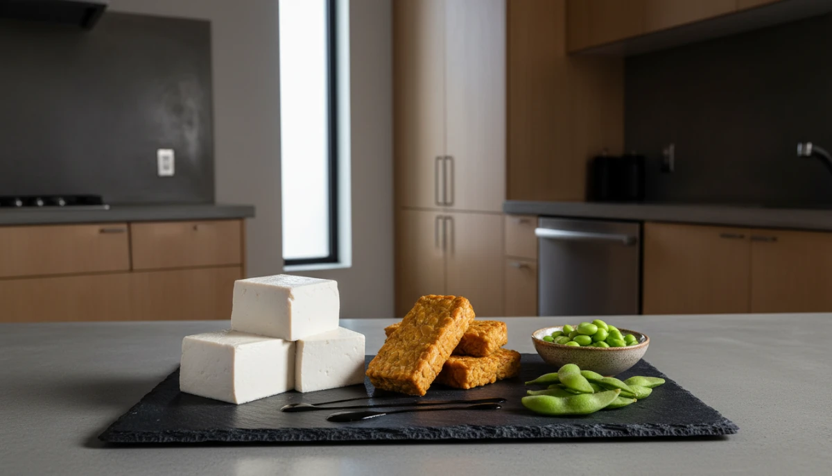 Healthy soy-based protein sources including tofu and tempeh