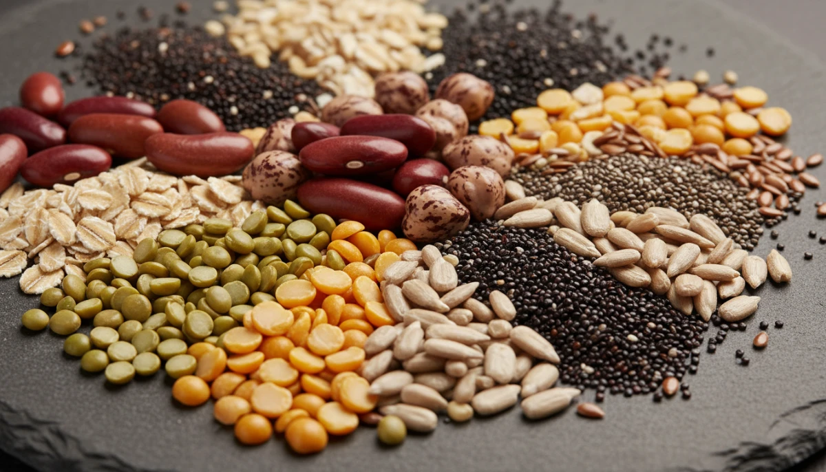 Close-up of various seeds and legumes containing antinutrients