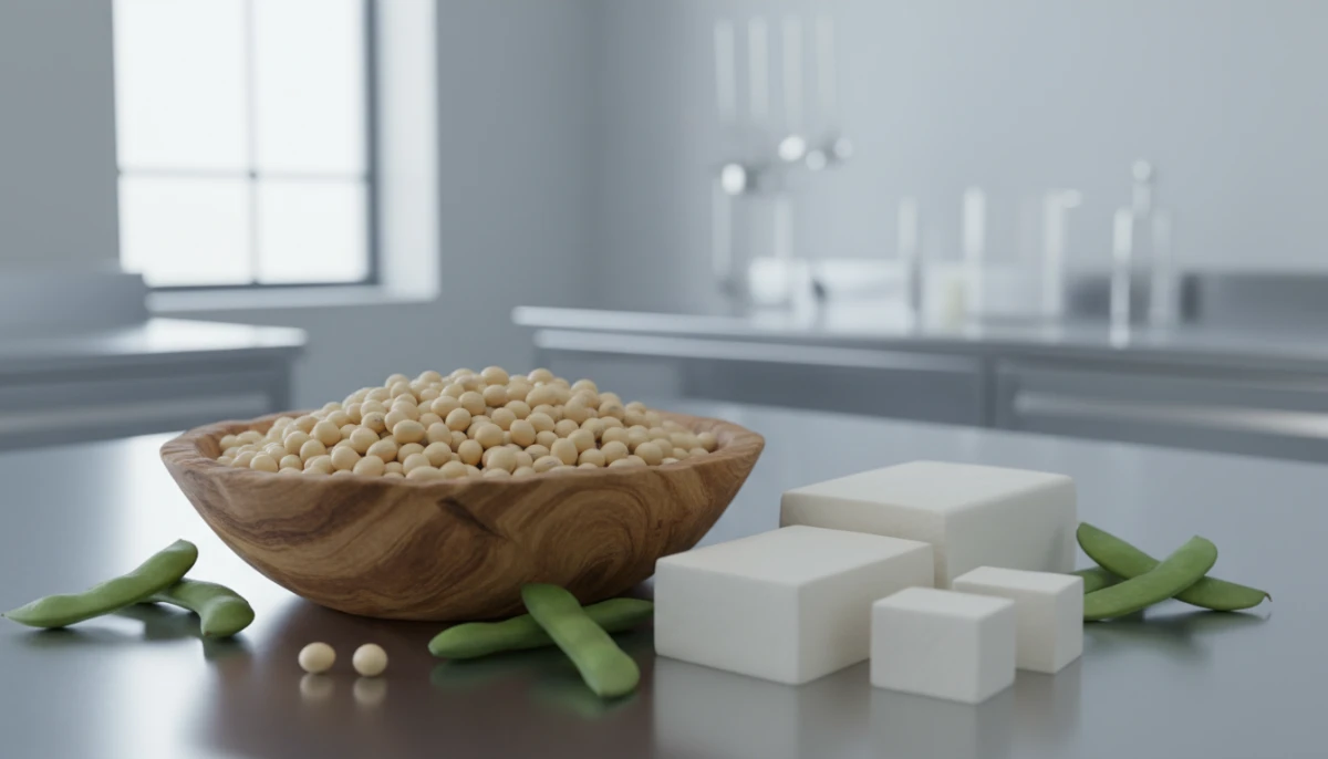 Various soy-based foods including tofu and edamame