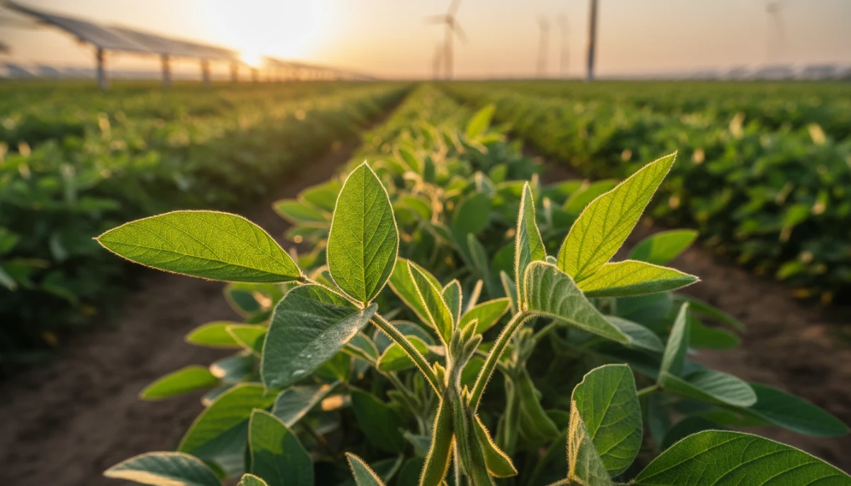 Close-up of a healthy soybean plant in a sunlit field