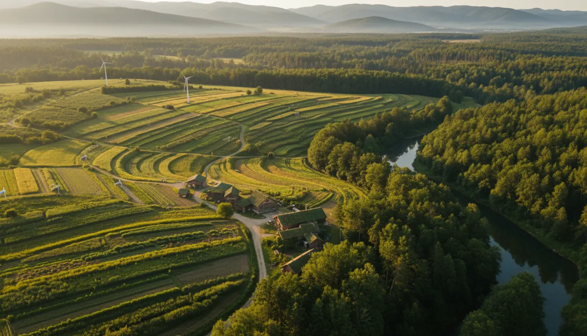 Aerial view of sustainable agriculture and forest