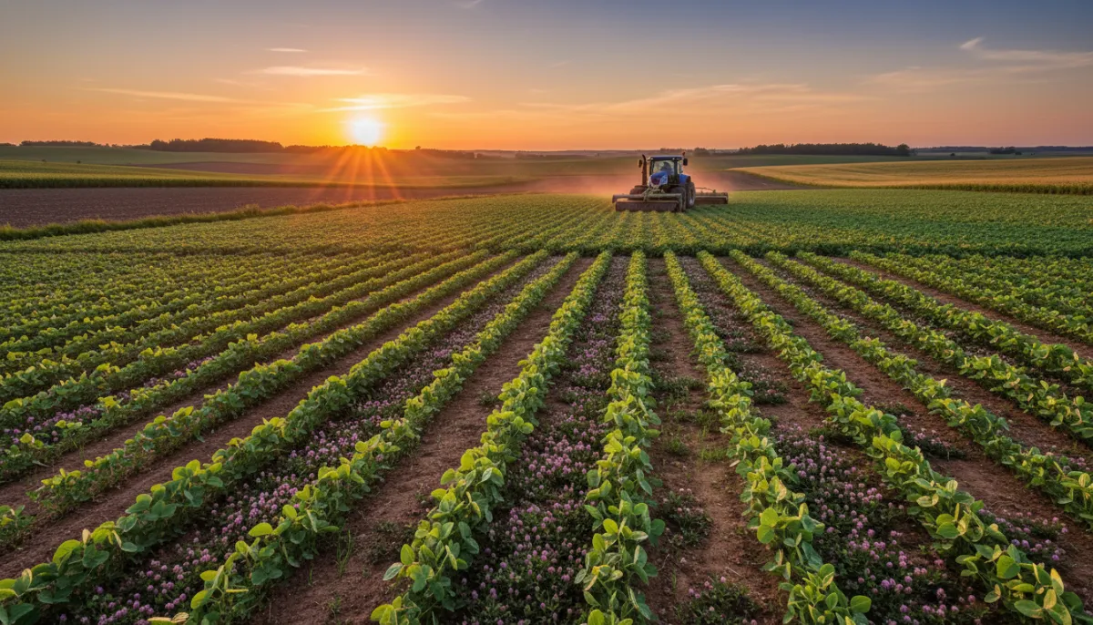 Regenerative soy field at sunset
