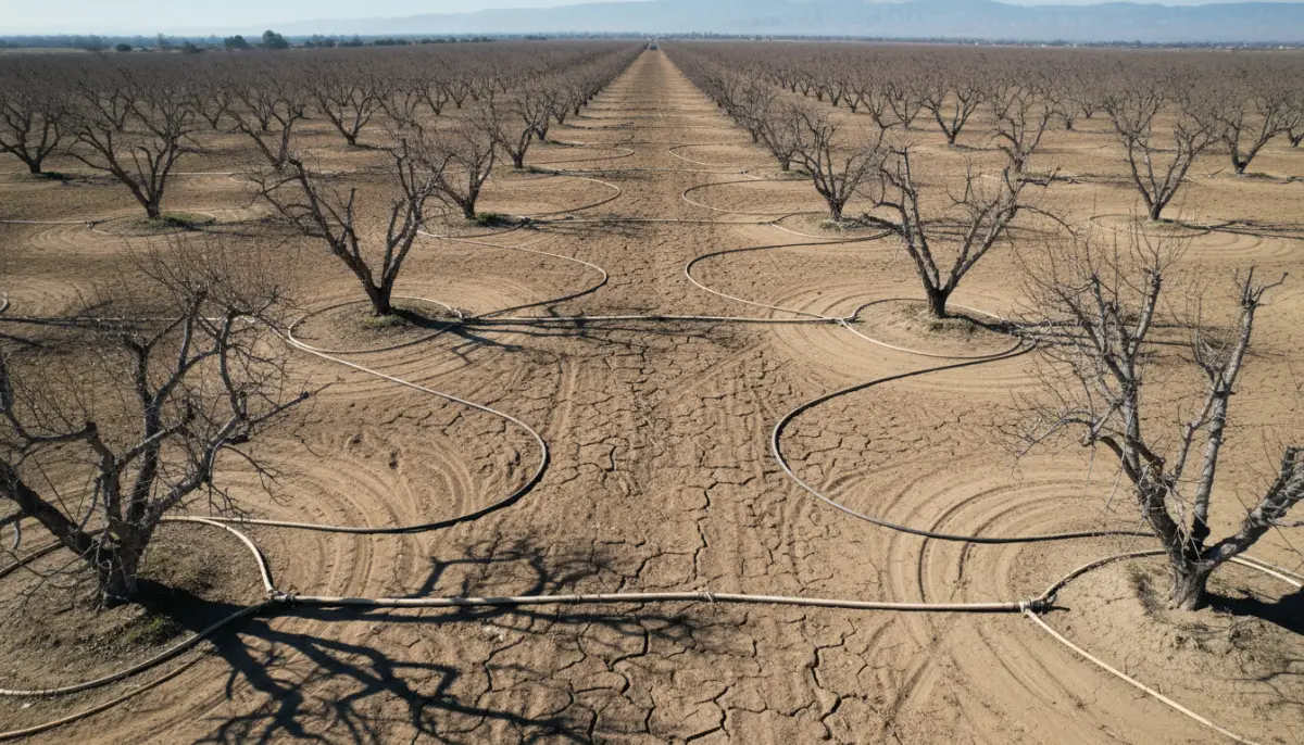 California almond orchards showcasing industrial irrigation
