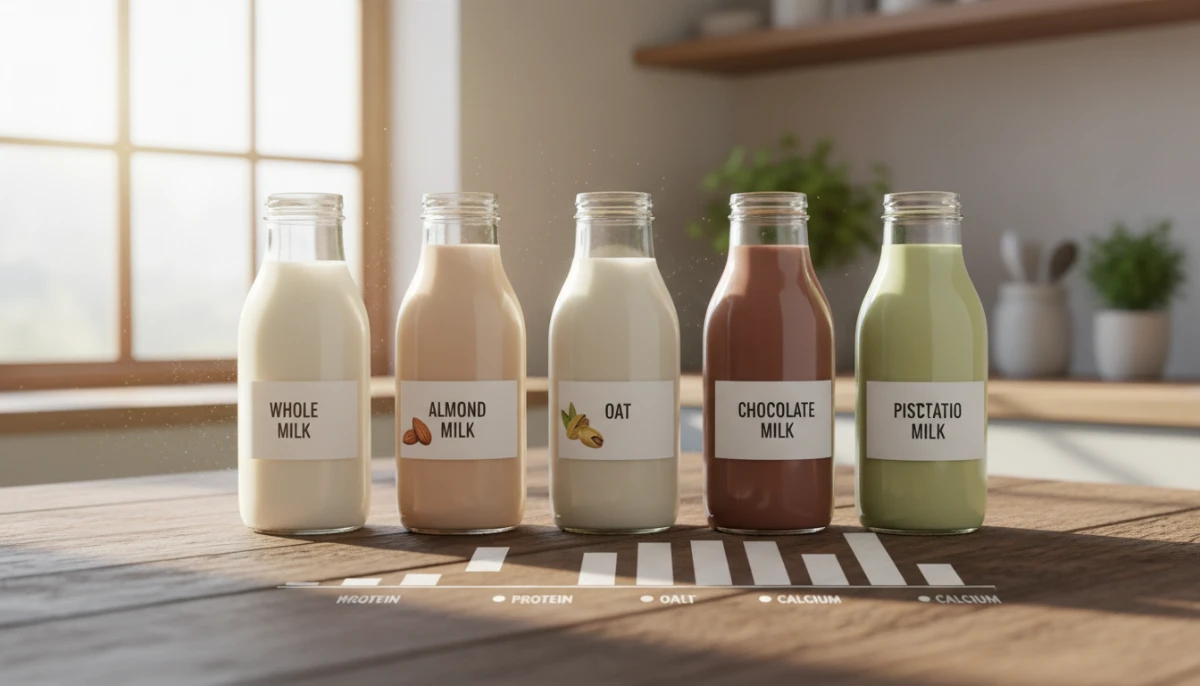 Bottles of soy, almond, and dairy milk side by side