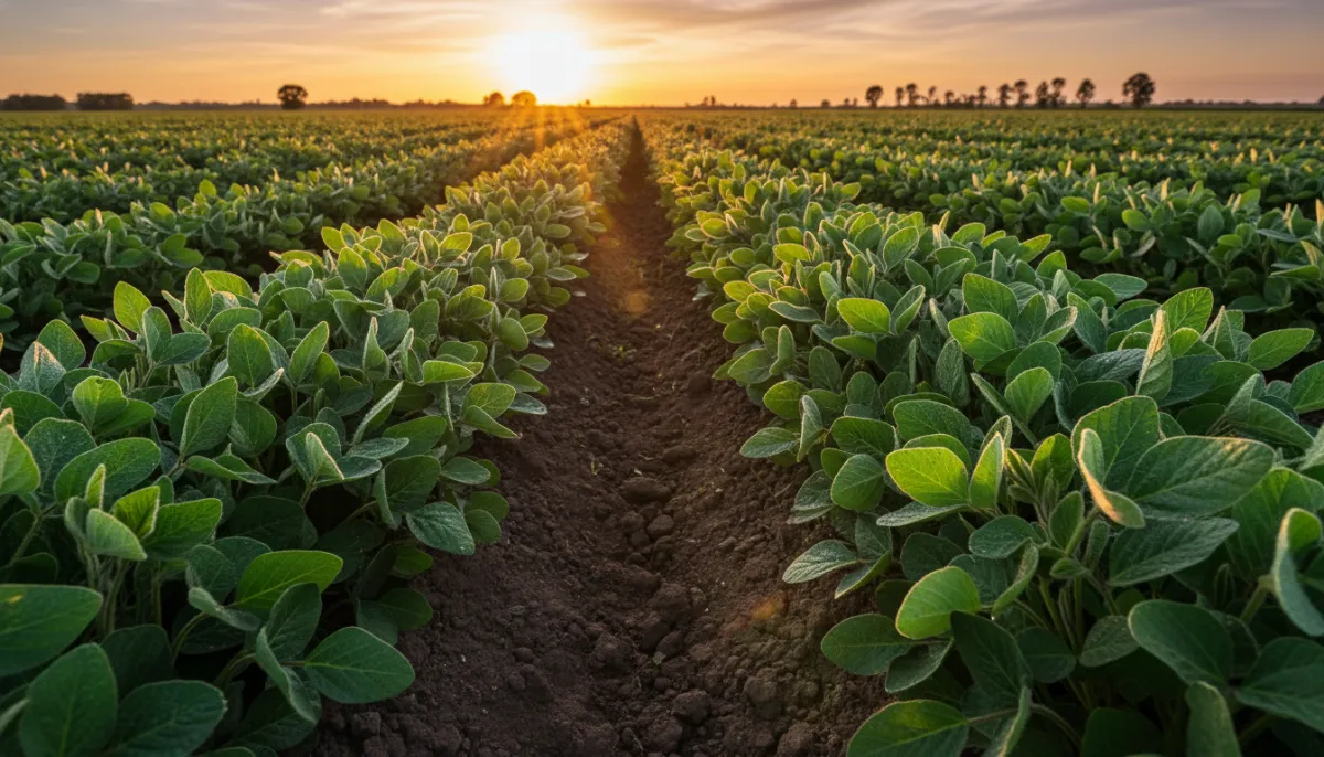 [Vibrant green soybean field at sunset showcasing healthy soil]