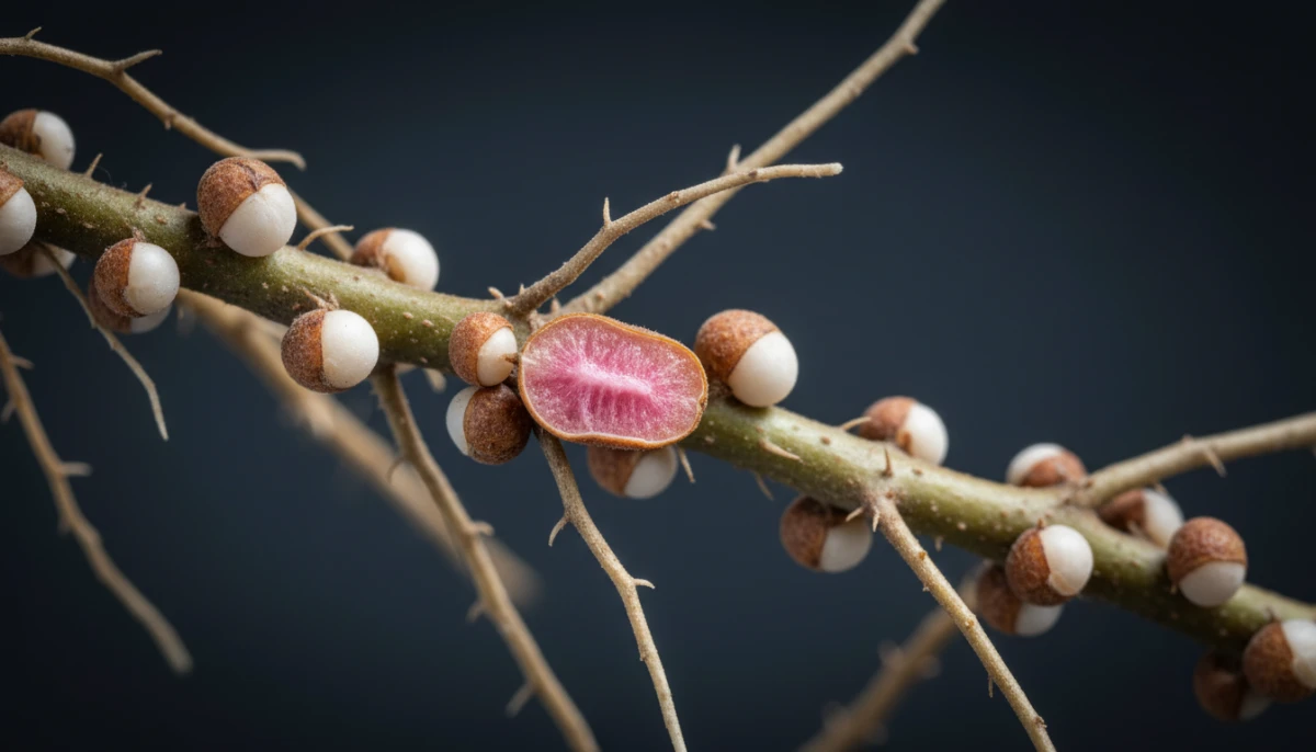 [Macro shot of soybean root nodules showing pink interior]