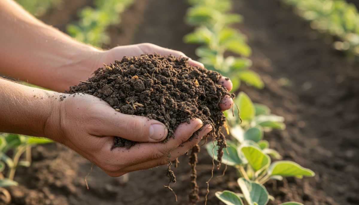 [Rich soil held in hands illustrating agricultural health]