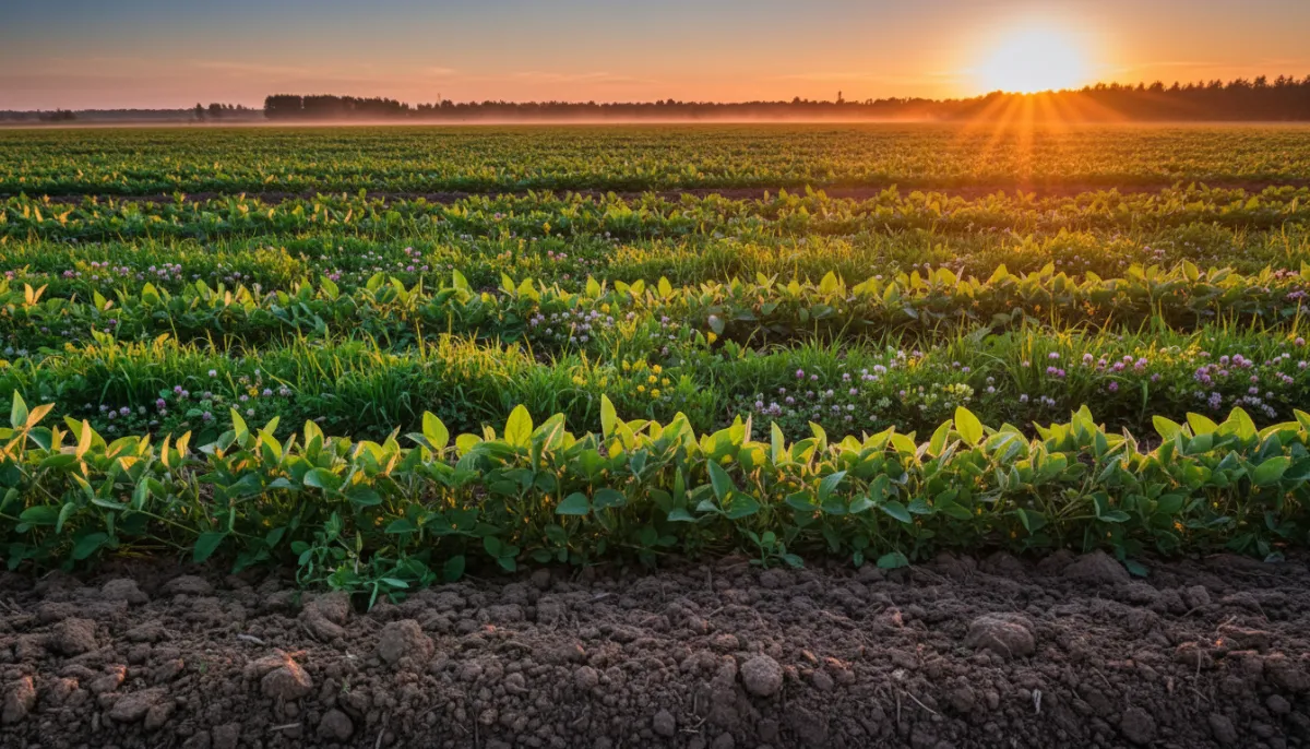 Regenerative soybean field with diverse cover crops and rich soil profile